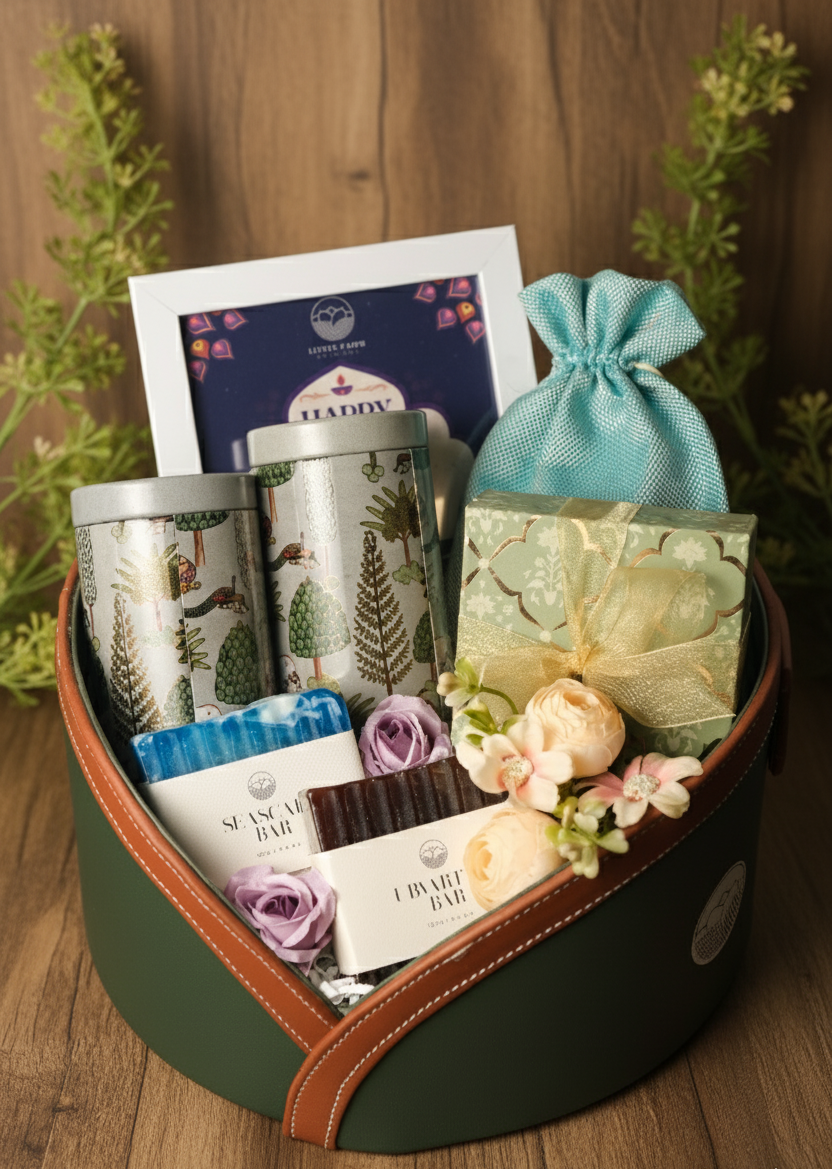 Gift basket with skincare products and a blue drawstring bag on a wooden surface.